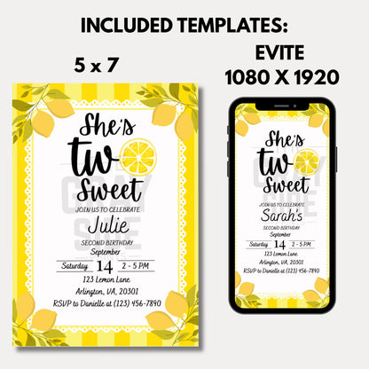 Two Sweet Lemon Birthday Invitation 2nd Birthday Party Invite for Girl Editable Citrus Theme Template Instant Download Lemonade Party