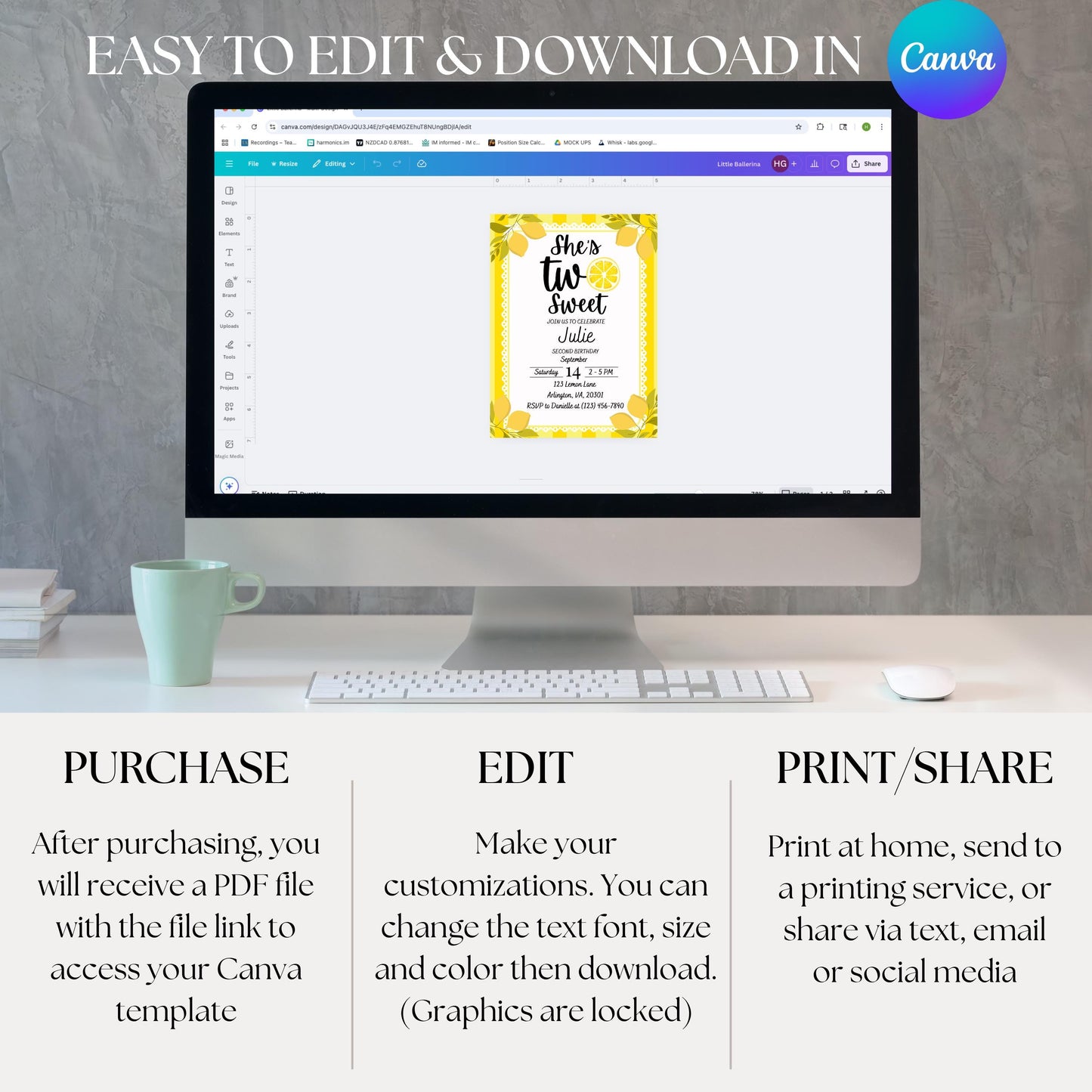 Two Sweet Lemon Birthday Invitation 2nd Birthday Party Invite for Girl Editable Citrus Theme Template Instant Download Lemonade Party