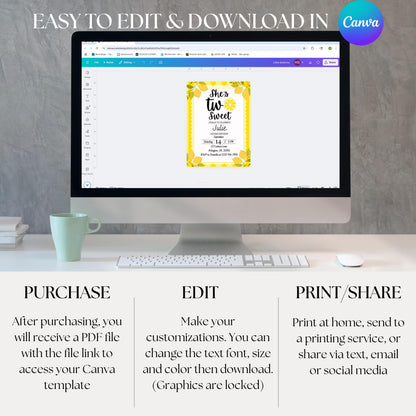 Two Sweet Lemon Birthday Invitation 2nd Birthday Party Invite for Girl Editable Citrus Theme Template Instant Download Lemonade Party