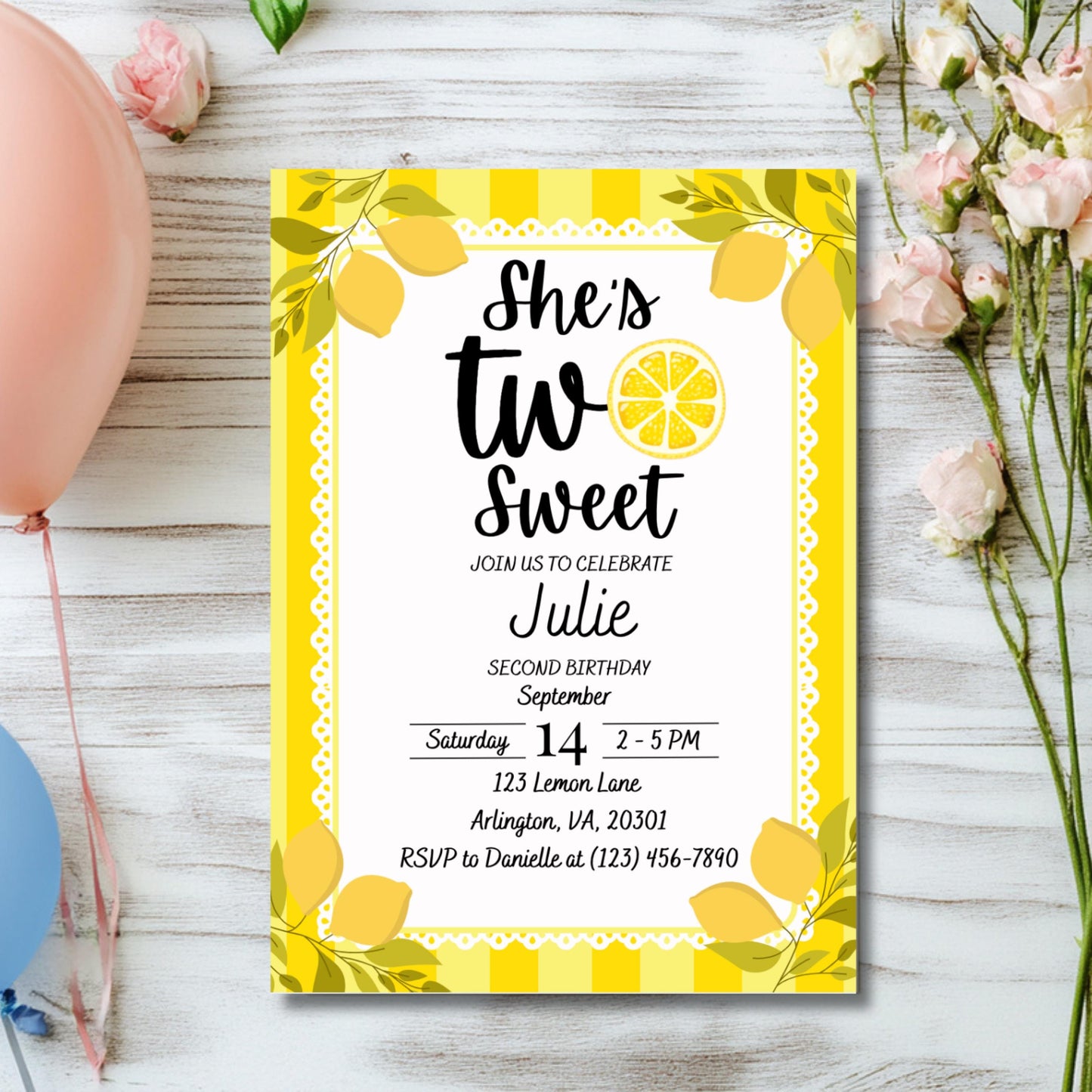 Two Sweet Lemon Birthday Invitation 2nd Birthday Party Invite for Girl Editable Citrus Theme Template Instant Download Lemonade Party