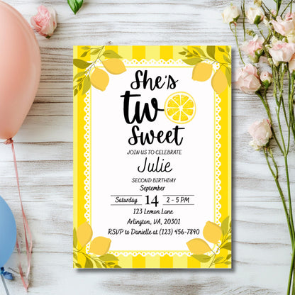 Two Sweet Lemon Birthday Invitation 2nd Birthday Party Invite for Girl Editable Citrus Theme Template Instant Download Lemonade Party