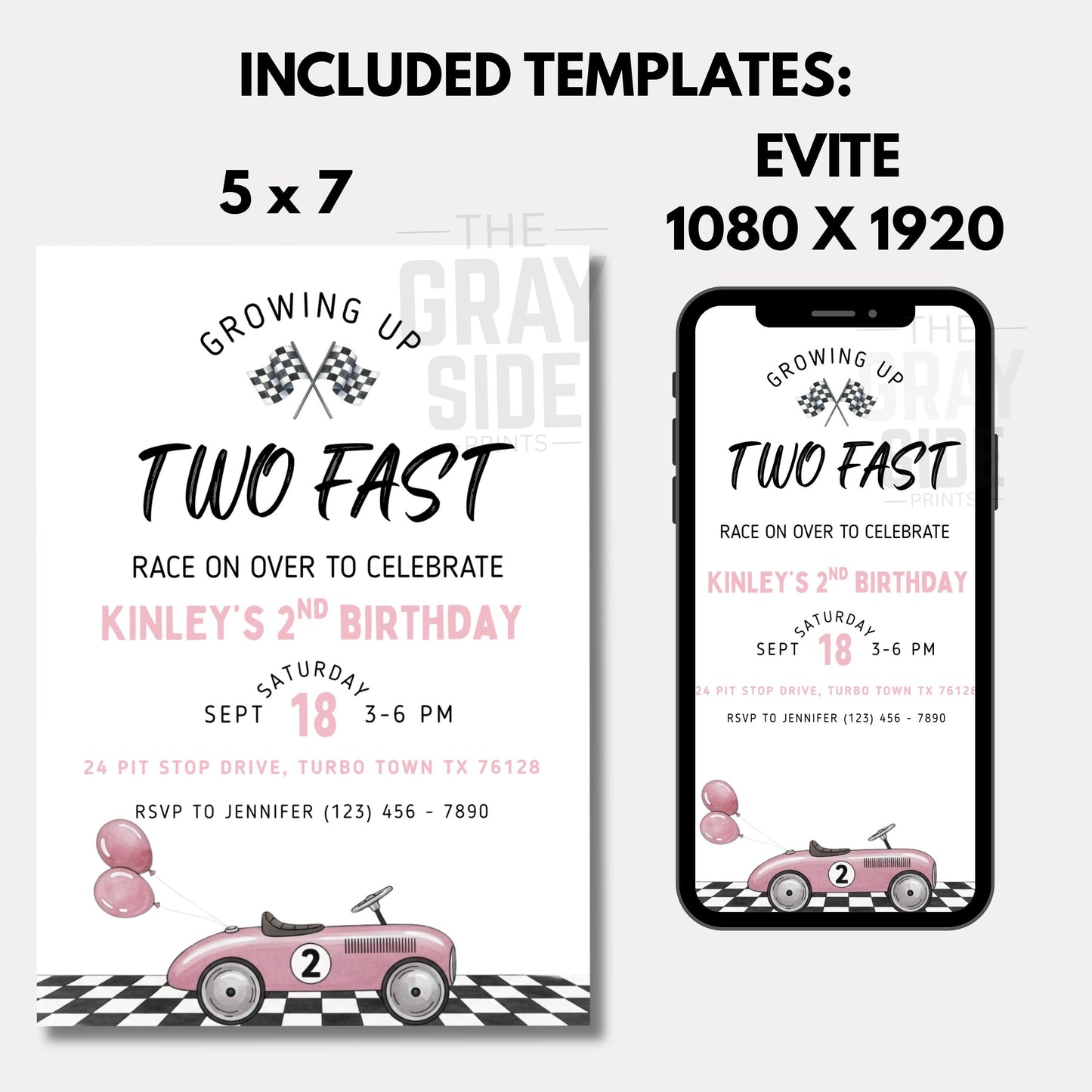Two Fast Birthday Invitation Race Car 2nd Birthday Party Invite Editable Template Pink Car Birthday Girl Printable Instant Download