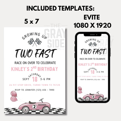 Two Fast Birthday Invitation Race Car 2nd Birthday Party Invite Editable Template Pink Car Birthday Girl Printable Instant Download