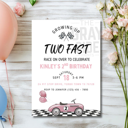 Two Fast Birthday Invitation Race Car 2nd Birthday Party Invite Editable Template Pink Car Birthday Girl Printable Instant Download