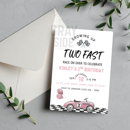 Two Fast Birthday Invitation Race Car 2nd Birthday Party Invite Editable Template Pink Car Birthday Girl Printable Instant Download