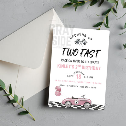 Two Fast Birthday Invitation 2nd Birthday Invite Pink Girls Birthday Invite Growing Up Two Fast Invite Vintage Car Invitation Canva Template