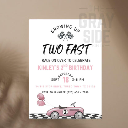 Two Fast Birthday Invitation Race Car 2nd Birthday Party Invite Editable Template Pink Car Birthday Girl Printable Instant Download