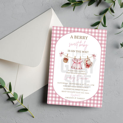 Berry Sweet Baby Shower Invitation Baby Girl Invitation Pink Baby Shower Invite Canva Template Digital Download Invite Girl Baby Shower
