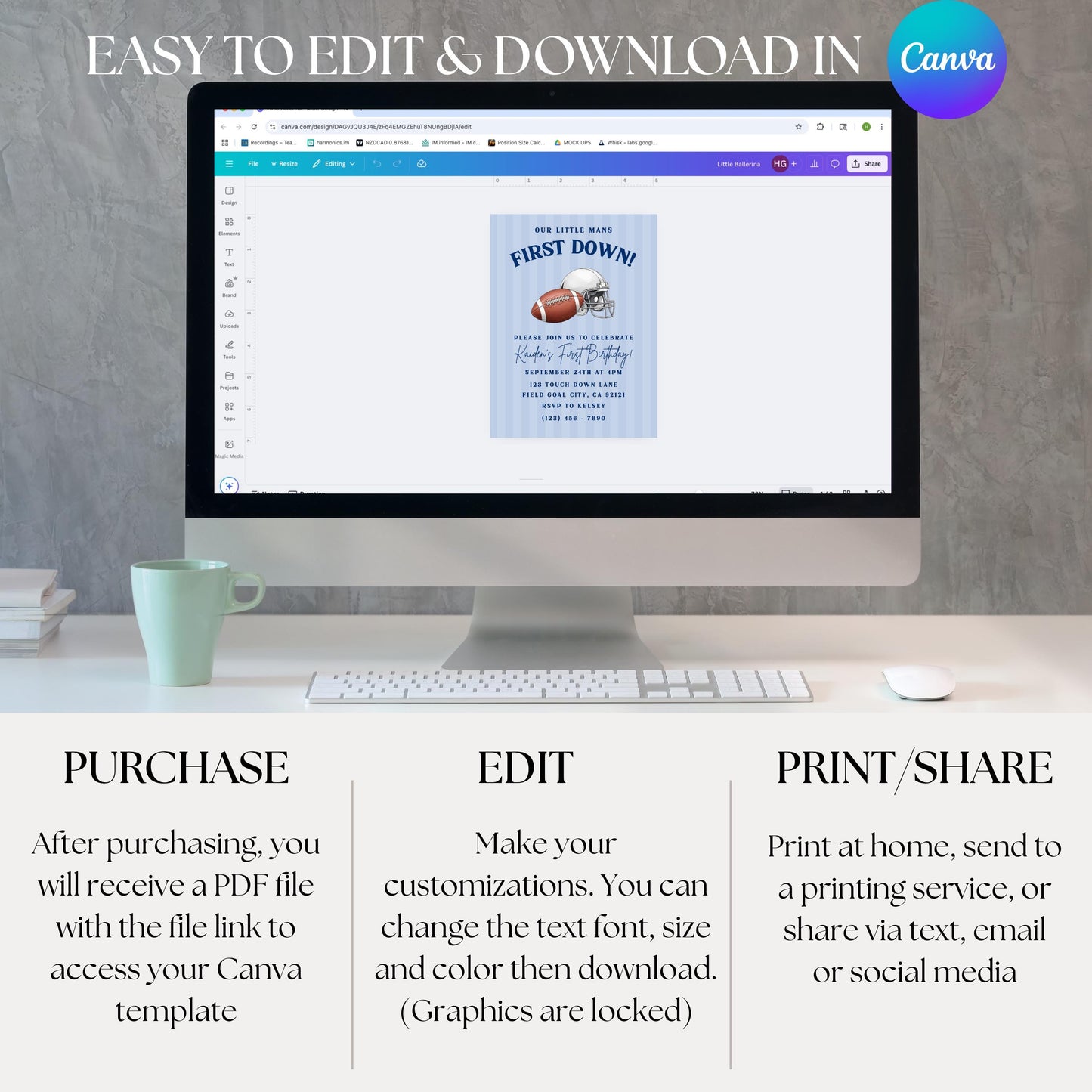 First Down Football Invitation Boy 1st Birthday Party Invite Editable Invite First Birthday Invitation Boys First Birthday Invite Football