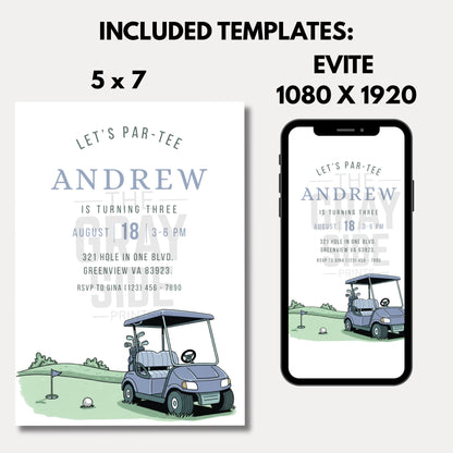 Let’s Par-Tee Birthday Invitation Boy Birthday Invite Golf Birthday Party Blue Invitation Canva Template Editable Invitation Boys Invite