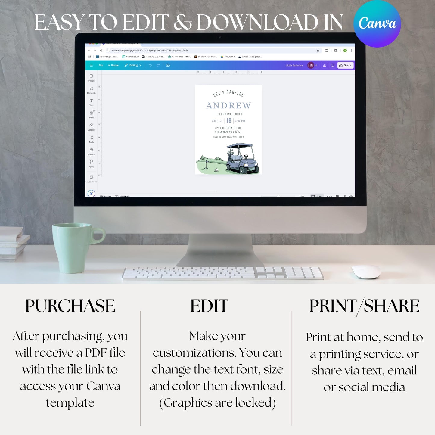 Let’s Par-Tee Birthday Invitation Boy Birthday Invite Golf Birthday Party Blue Invitation Canva Template Editable Invitation Boys Invite