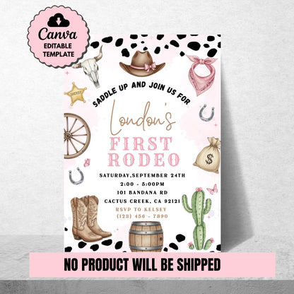 First Rodeo Birthday Invitation Editable Pink Rodeo 1st Birthday Invite Cowgirl Invite First Rodeo Invite Invite Template Girl 1st Birthday