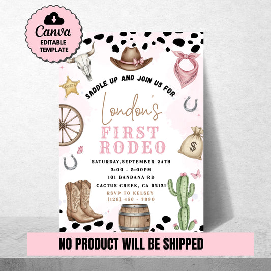 First Rodeo Birthday Invitation Editable Pink Rodeo 1st Birthday Invite Cowgirl Invite First Rodeo Invite Invite Template Girl 1st Birthday