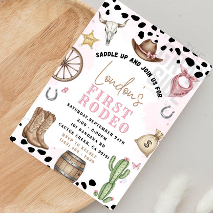 First Rodeo Birthday Invitation Editable Pink Rodeo 1st Birthday Invite Cowgirl Invite First Rodeo Invite Invite Template Girl 1st Birthday