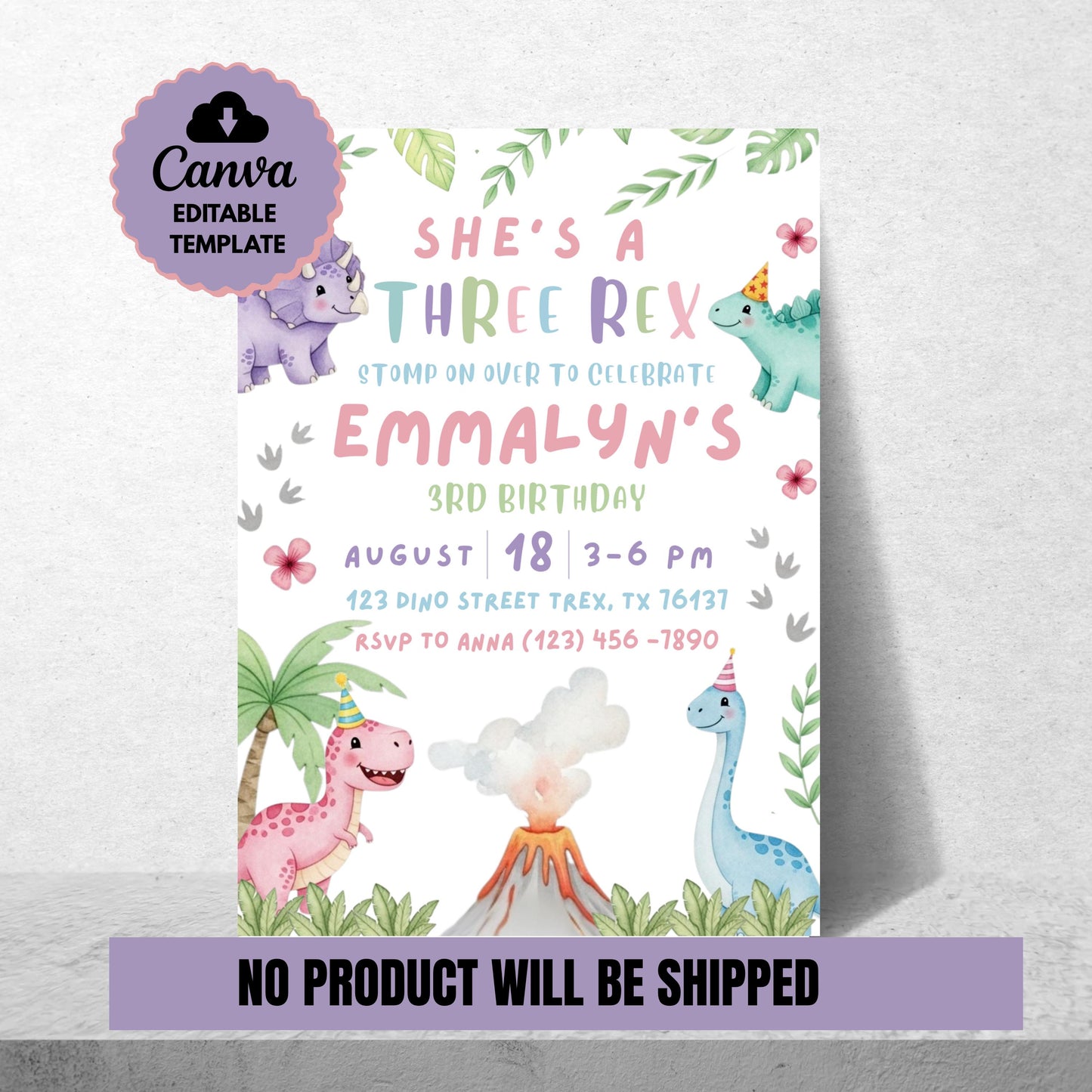 She&#39;s a Three Rex Invite Girl Dinosaur Invitation Third Birthday Invite Girls Birthday Invitation Cute Dinosaur Invite Girls Birthday Theme