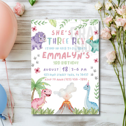 She's a Three Rex Invite Girl Dinosaur Invitation Third Birthday Invite Girls Birthday Invitation Cute Dinosaur Invite Pink Dinosaur Party