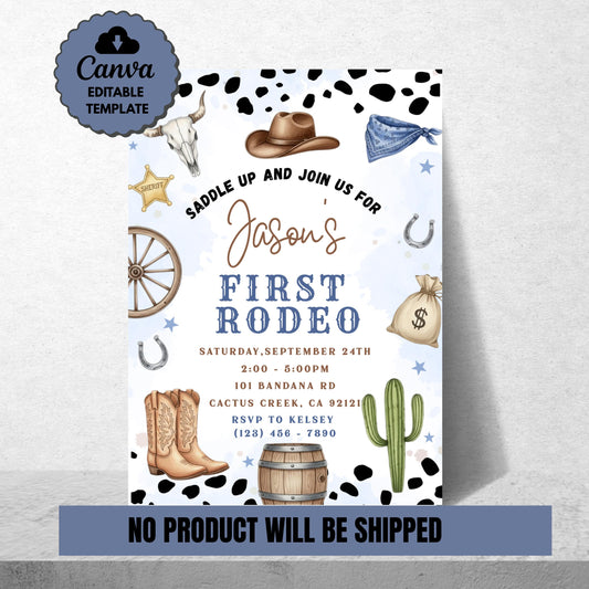 First Rodeo Birthday Invitation Editable Invite 1st Rodeo Birthday Invite Cowboy Invite 1st Rodeo Invite Canva Template Boys 1st Birthday