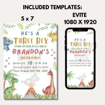 He's a Three Rex Invite Boy Dinosaur Invitation Third Birthday Invite Boys Birthday Invitation Cute Dinosaur Invite Dinosaur Birthday Party