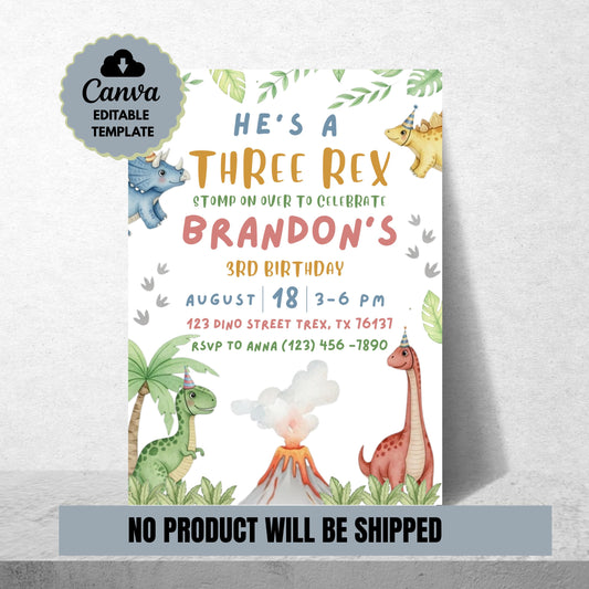 He's a Three Rex Invite Boy Dinosaur Invitation Third Birthday Invite Boys Birthday Invitation Cute Dinosaur Invite Dinosaur Birthday Party