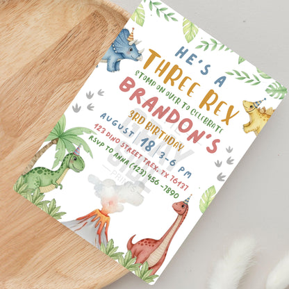He's a Three Rex Invite Boy Dinosaur Invitation Third Birthday Invite Boys Birthday Invitation Cute Dinosaur Invite Dinosaur Birthday Party