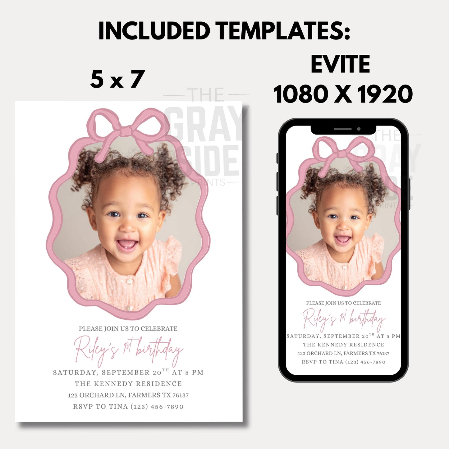 Personalized Birthday Invite Photo Birthday Invitation Custom Picture Invite Template Personalized Invitation for Girls Pink Bow Invitation