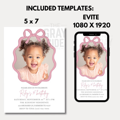 Personalized Birthday Invite Photo Birthday Invitation Custom Picture Invite Template Personalized Invitation for Girls Pink Bow Invitation