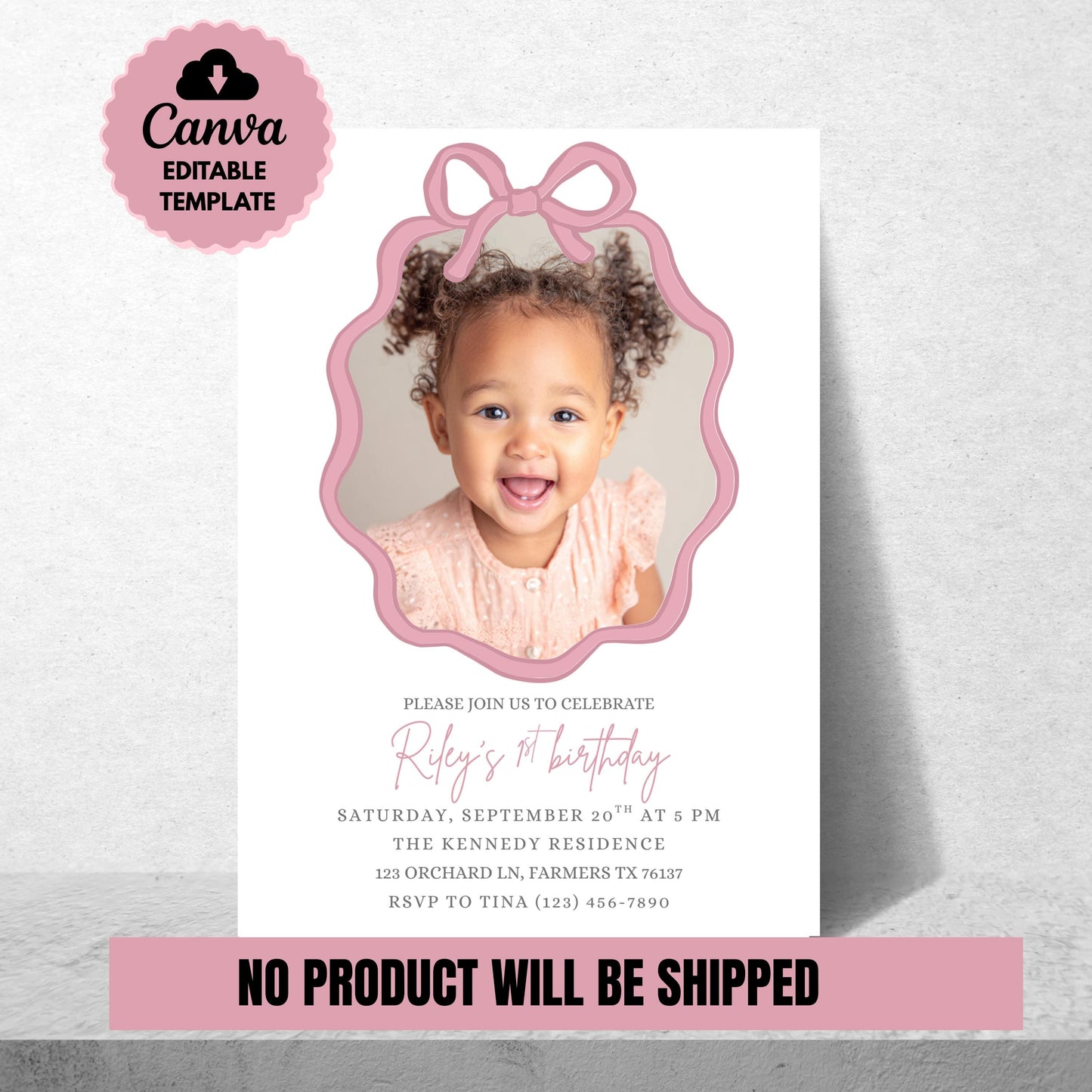 Personalized Birthday Invite Photo Birthday Invitation Custom Picture Invite Template Personalized Invitation for Girls Pink Bow Invitation
