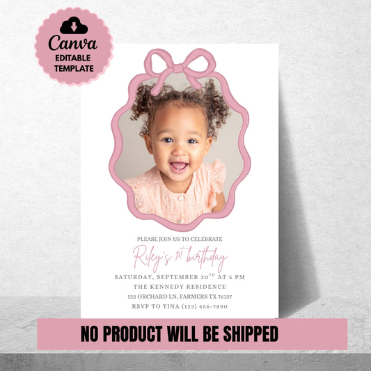 Personalized Birthday Invite Photo Birthday Invitation Custom Picture Invite Template Personalized Invitation for Girls Pink Bow Invitation