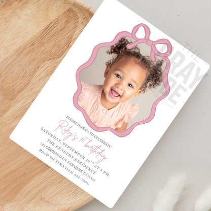 Personalized Birthday Invite Photo Birthday Invitation Custom Picture Invite Template Personalized Invitation for Girls Pink Bow Invitation