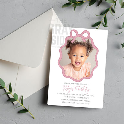 Personalized Birthday Invite Photo Birthday Invitation Custom Picture Invite Template Personalized Invitation for Girls Pink Bow Invitation