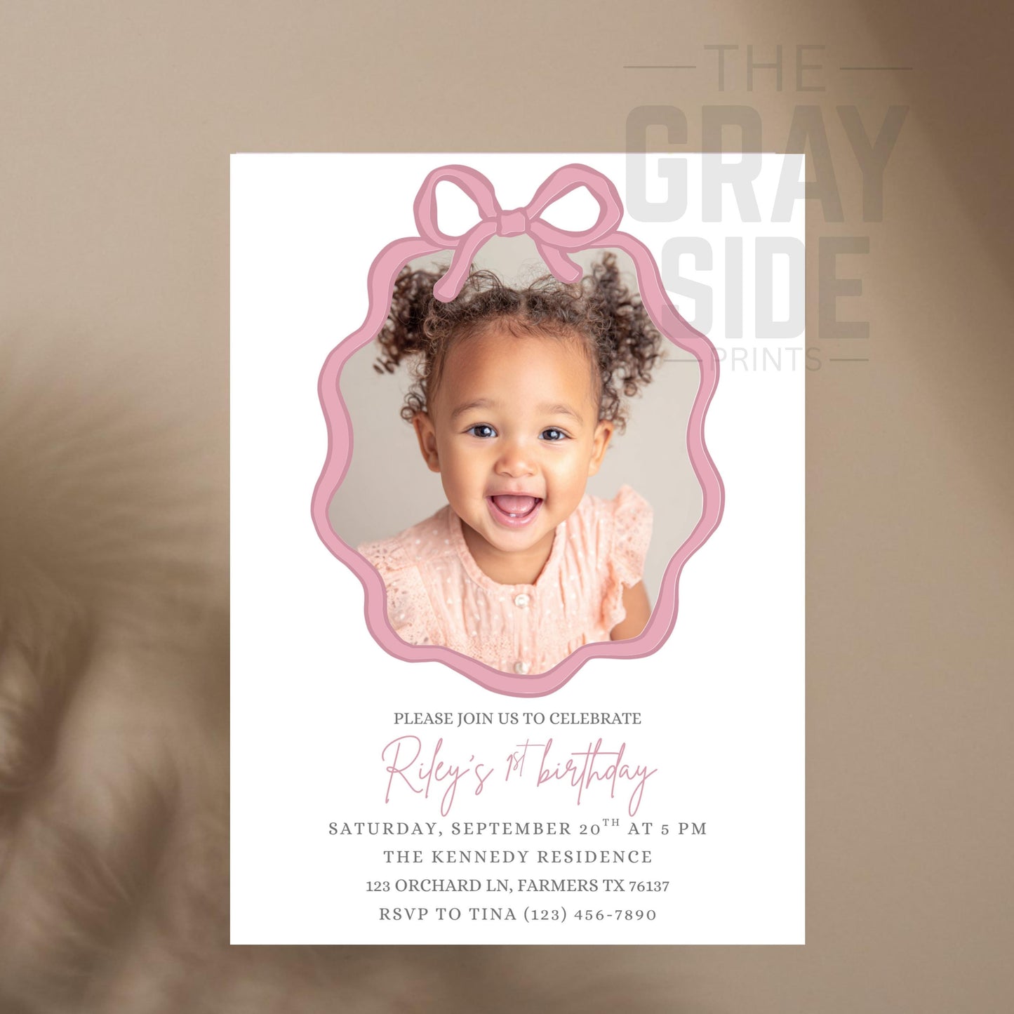 Personalized Birthday Invite Photo Birthday Invitation Custom Picture Invite Template Personalized Invitation for Girls Pink Bow Invitation