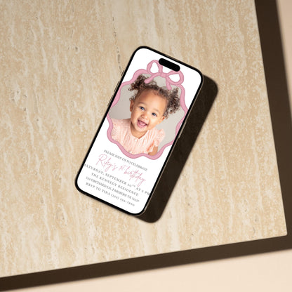 Personalized Birthday Invite Photo Birthday Invitation Custom Picture Invite Template Personalized Invitation for Girls Pink Bow Invitation