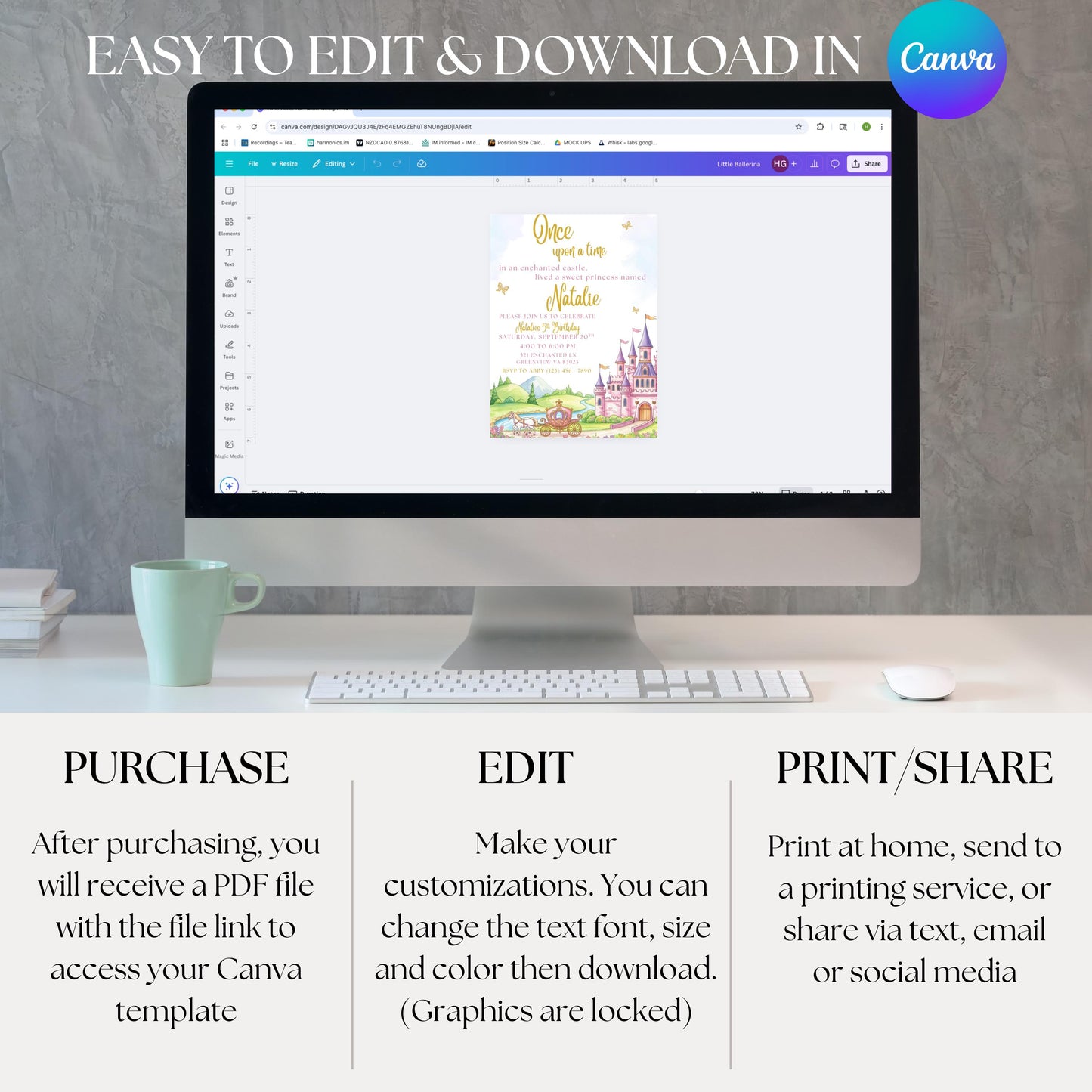 Princess Birthday Invitation Princess Castle Party Invite Editable Princess Invitation Girls Fairytale Girls Princess Birthday Party Invite