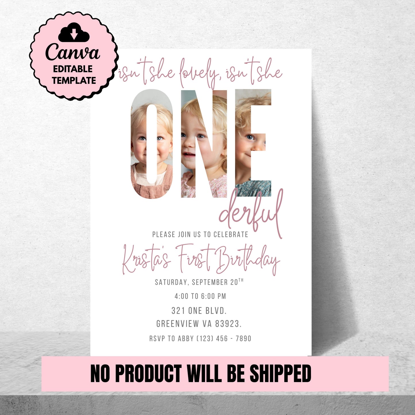 Isn’t She Lovely 1st Birthday Invitation ONEderful Girl Birthday Invite Editable Invitation Canva Template Girls First Birthday Invite