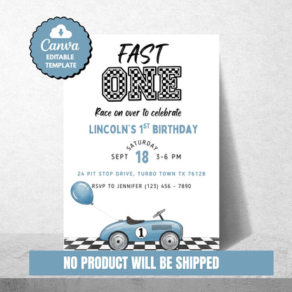 Fast One Birthday Invitation Race Car First Birthday Invite Editable Boys 1st Birthday Party Printable Racing Theme Invite Fast 1 Invite