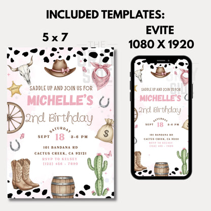Cowgirl Birthday Invitation Girls 2nd Birthday Invite Editable Canva Template Girls Rodeo Invite Pink Rodeo Invite Digital Download