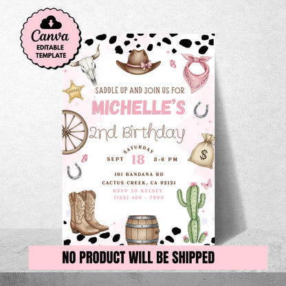 Pink Cowgirl Birthday Invitation Western Rodeo Party Invite Editable Canva Template Girls Rodeo Invite Pink Rodeo Invite Digital Download