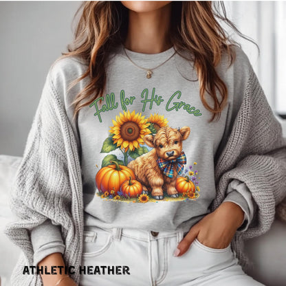 Fall for His Grace Christian Shirt Highland Cow Fall Shirt Pumpkin Shirt Faith Based Shirt Cute Fall Shirt Womens Shirts Bella Canvas Shirt