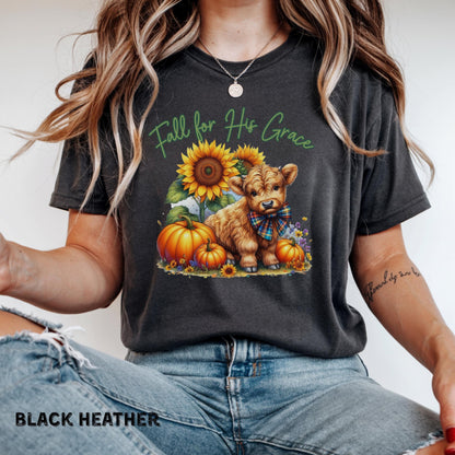 Fall for His Grace Christian Shirt Highland Cow Fall Shirt Pumpkin Shirt Faith Based Shirt Cute Fall Shirt Womens Shirts Bella Canvas Shirt