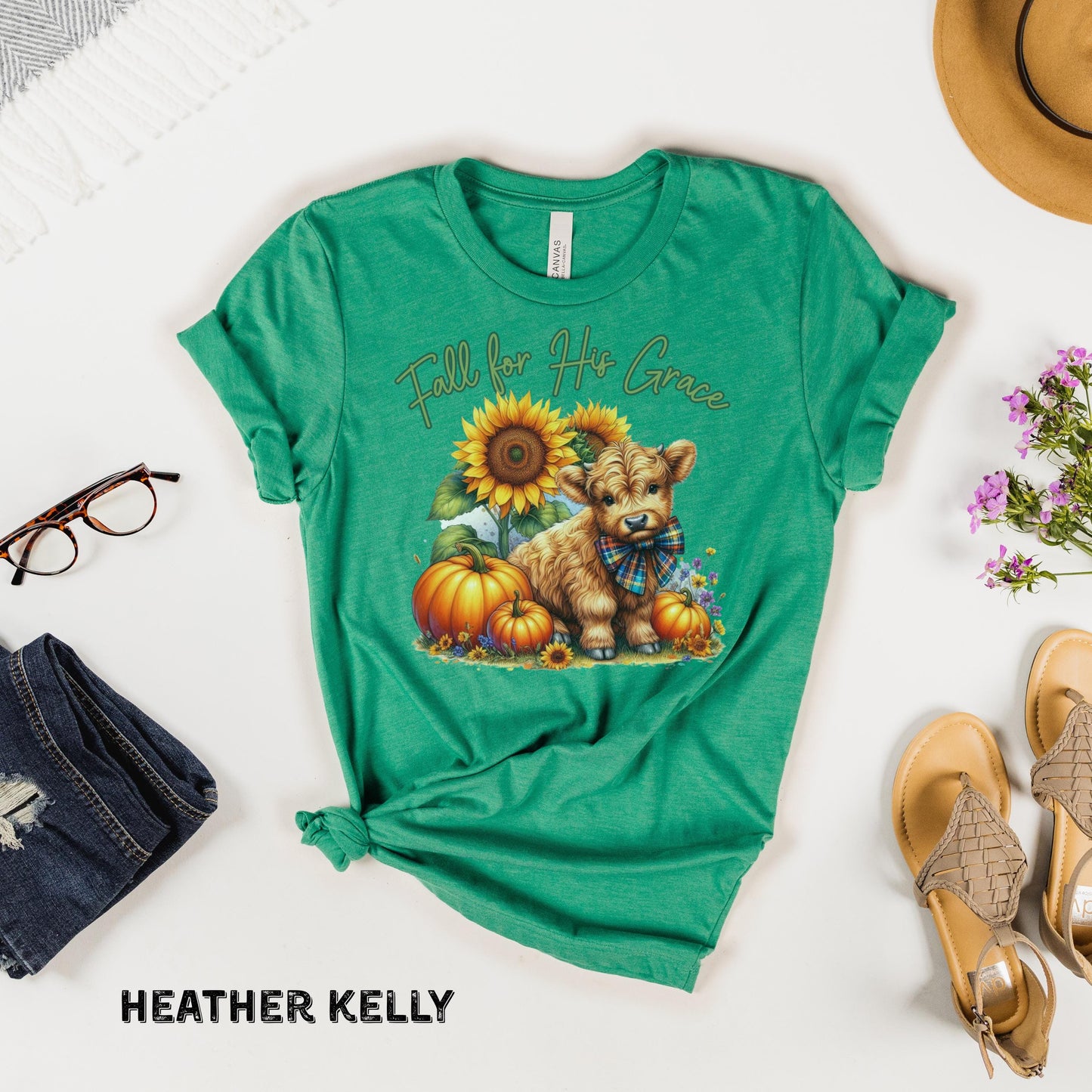 Fall for His Grace Christian Shirt Highland Cow Fall Shirt Pumpkin Shirt Faith Based Shirt Cute Fall Shirt Womens Shirts Bella Canvas Shirt