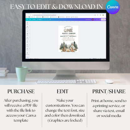 One Happy Camper Birthday Invitation Gender Neutral 1st Birthday Invite 1st Birthday Party Invite Editable Template First Birthday Invite