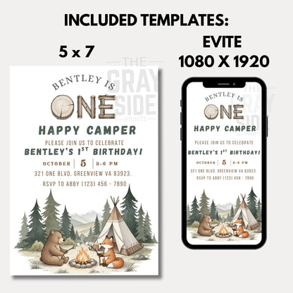 One Happy Camper Birthday Invitation Gender Neutral 1st Birthday Invite 1st Birthday Party Invite Editable Template First Birthday Invite