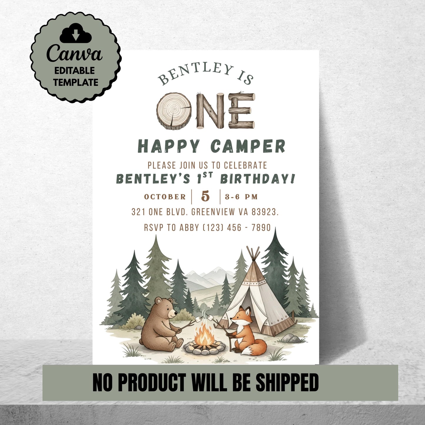 One Happy Camper Birthday Invitation Gender Neutral 1st Birthday Invite 1st Birthday Party Invite Editable Template First Birthday Invite