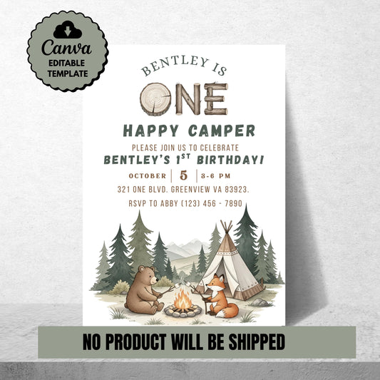 One Happy Camper Birthday Invitation Gender Neutral 1st Birthday Invite 1st Birthday Party Invite Editable Template First Birthday Invite
