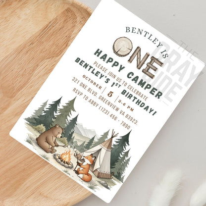 One Happy Camper Birthday Invitation Gender Neutral 1st Birthday Invite 1st Birthday Party Invite Editable Template First Birthday Invite