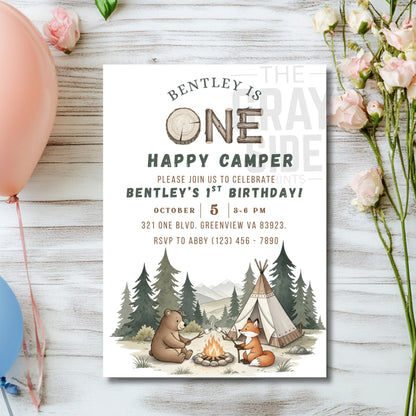 One Happy Camper Birthday Invitation Gender Neutral 1st Birthday Invite 1st Birthday Party Invite Editable Template First Birthday Invite