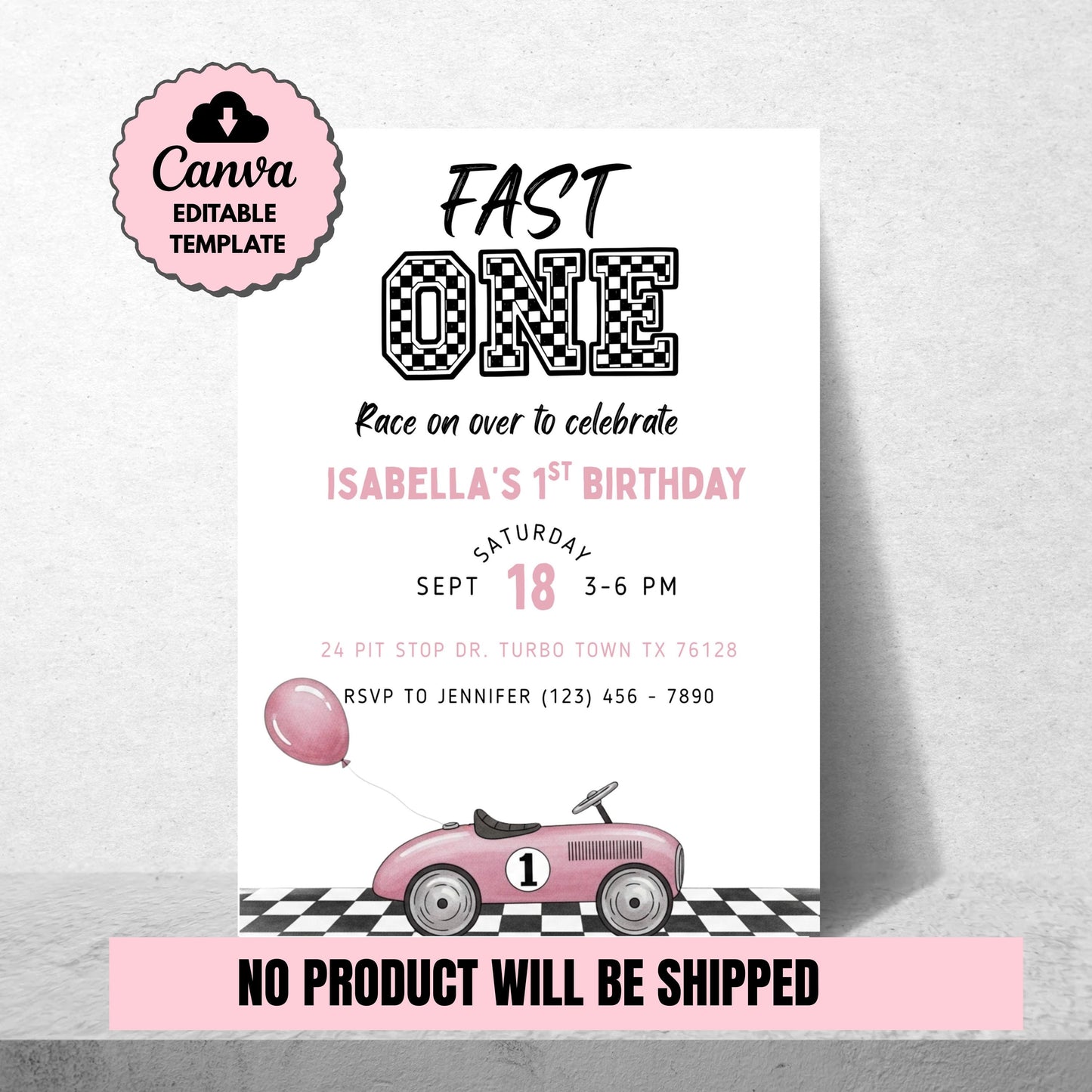 Fast One Birthday Invitation Race Car Birthday Invite Girl 1st Birthday Pink Birthday Invitation Editable Template Girls First Birthday