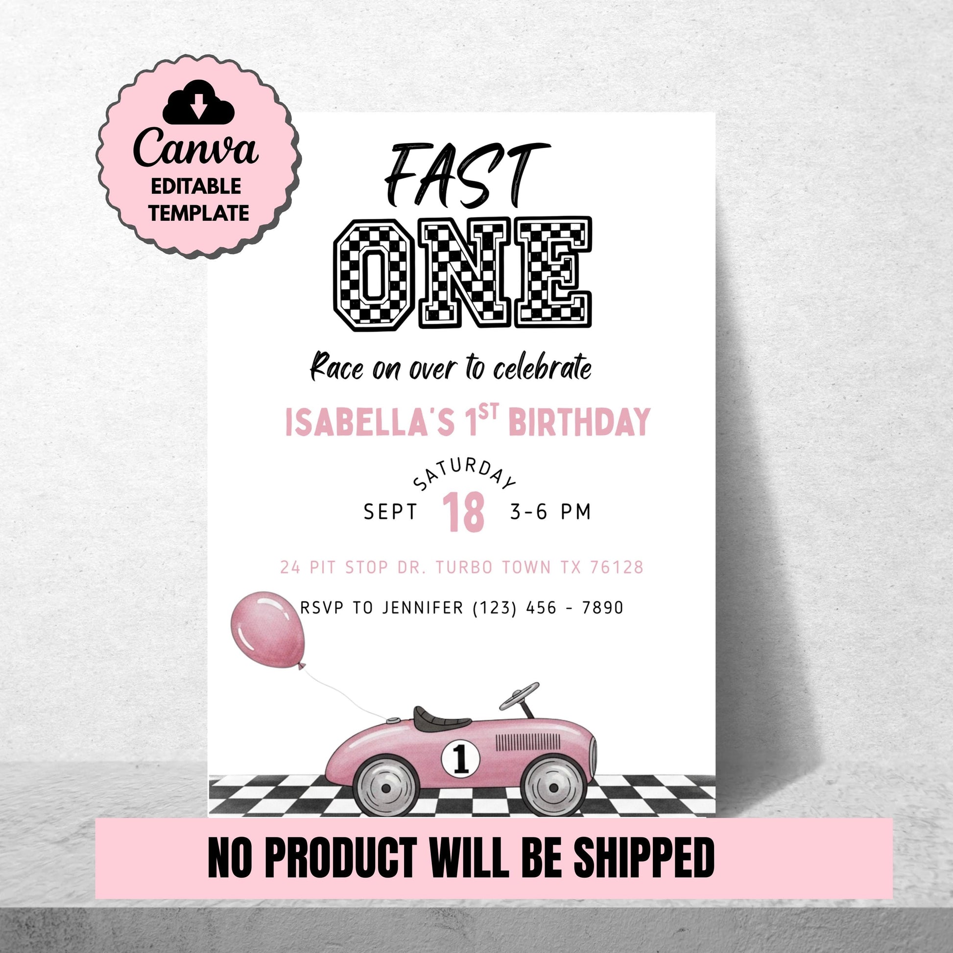 Fast One Birthday Invitation Race Car Birthday Invite Girl 1st Birthday Pink Birthday Invitation Editable Template Girls First Birthday