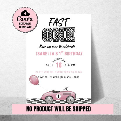 Fast One Birthday Invitation Race Car Birthday Invite Girl 1st Birthday Pink Birthday Invitation Editable Template Girls First Birthday