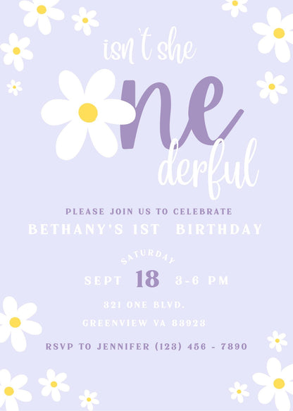 Isn't She ONEderful Invitation First Birthday Invite Girl 1st Birthday Retro Birthday Invite Flower Birthday Invite Canva Template